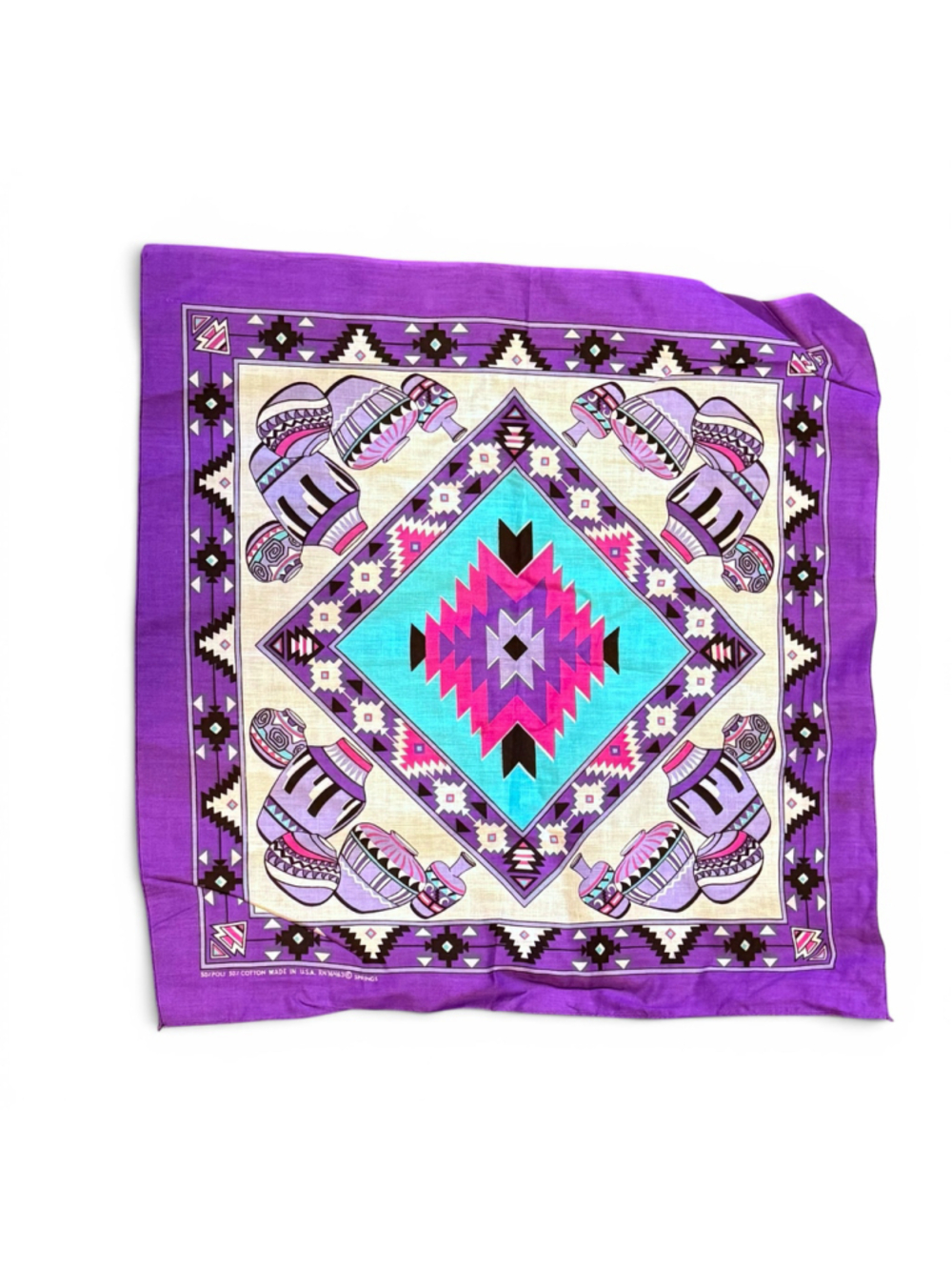 Vintage 80s Springs Southwestern Pottery Bandana Purple USA RN16463 21x21 - Picture 2 of 4